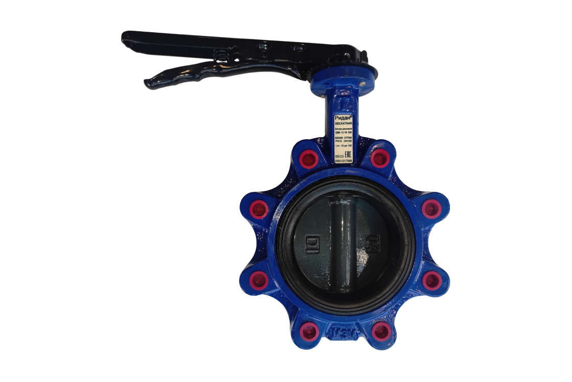 Ридан 082X4962R — Затвор дисковый с резьбовыми проушинами ЗДМ PN25, DN65, с рукояткой, корпус чугун GGG40, диск нержавеющая сталь 316, уплотнение EPDM