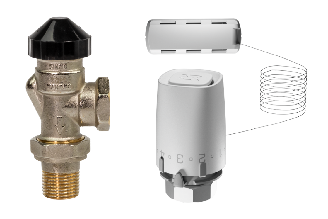 Комплект для двухтрубной системы отопления для радиаторов или конвекторов отопления с боковым подключением: клапан терморегулирующий 013G7048R (Ду15, угловой) + термостатический элемент с выносным датчиком 003G9006R (присоединение М30х1,5)